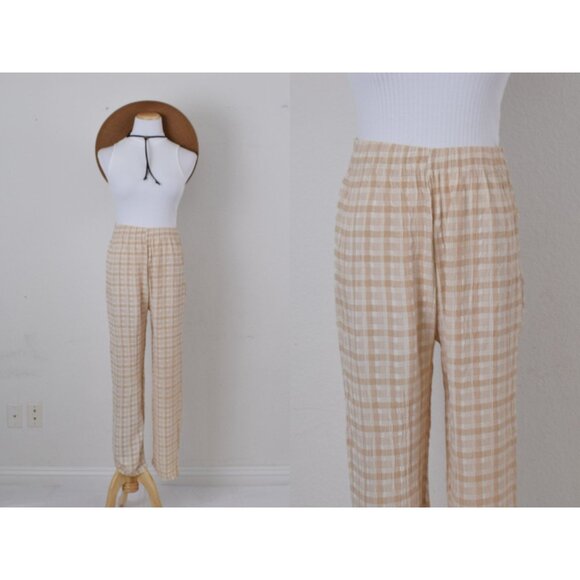 Vintage 80s Plaid Beige and Cream Lounge Pants | 27-34‎ waist - Picture 1 of 10